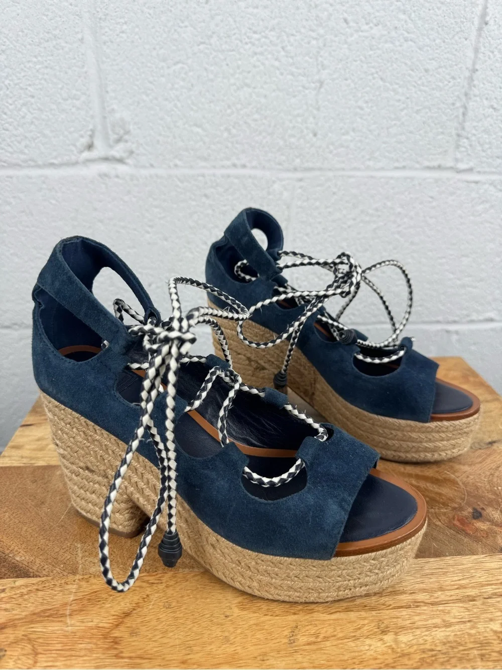 Tory Burch Navy Suede Lace-Up Espadrille Platform Block Heel Sandals Size 7